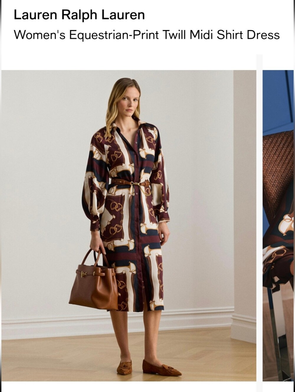 Lauren Ralph Lauren Burgundy, Cream & Navy Equestrian-Print Midi Shirt Dress NWT
